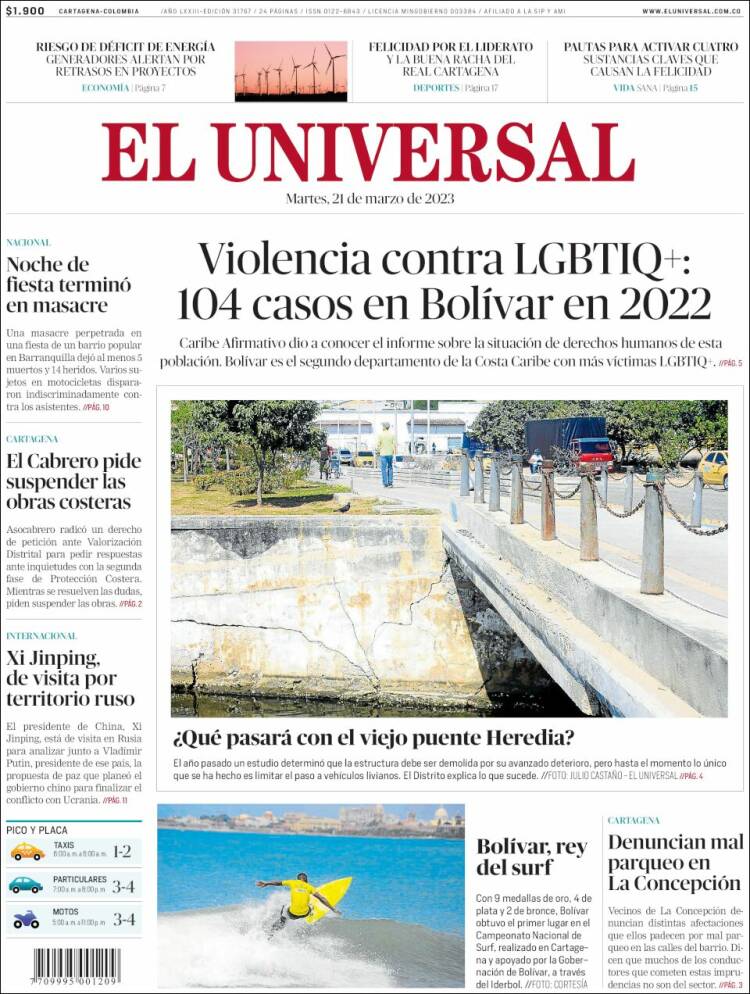 Portada de El Universal (Colombia)