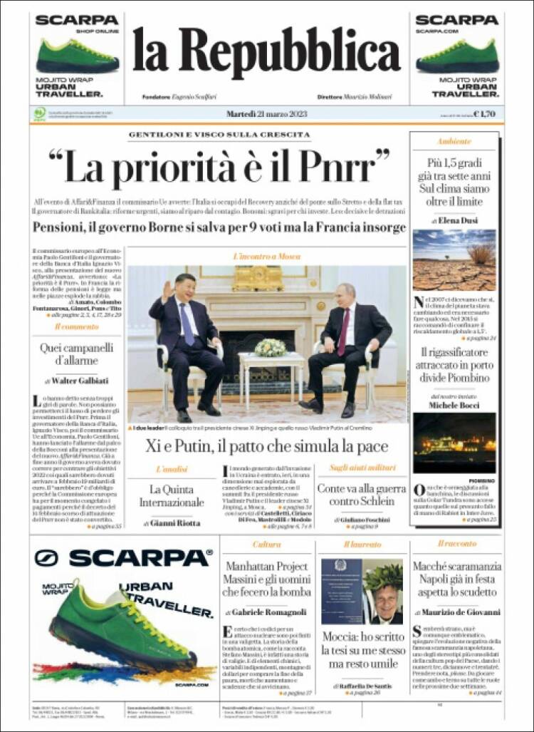 Portada de La Repubblica (Italia)