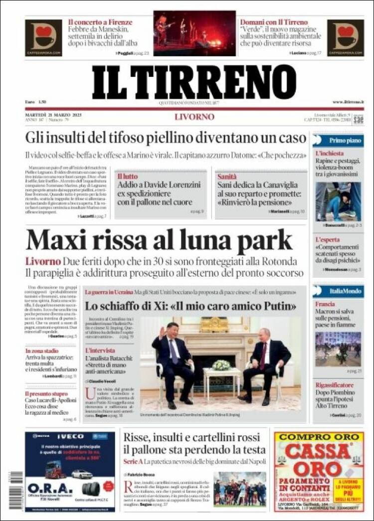 Portada de Il Tirreno (Italia)