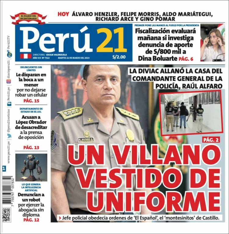 Portada de Perú 21 (Perú)