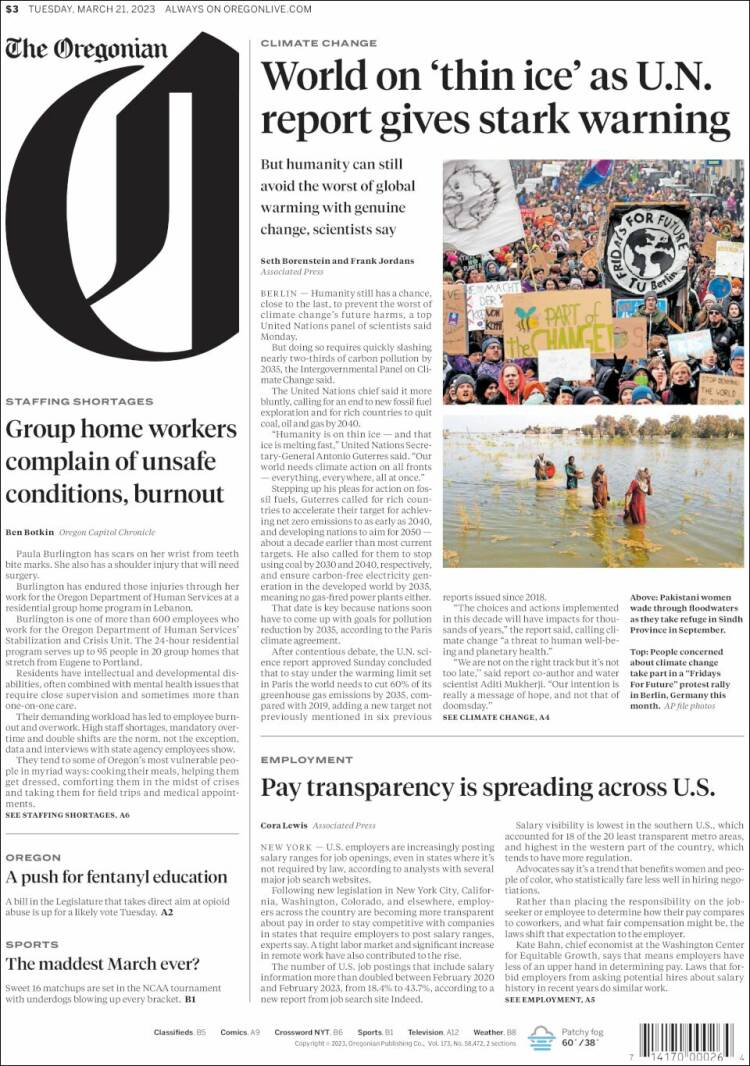 Portada de The Oregonian (USA)