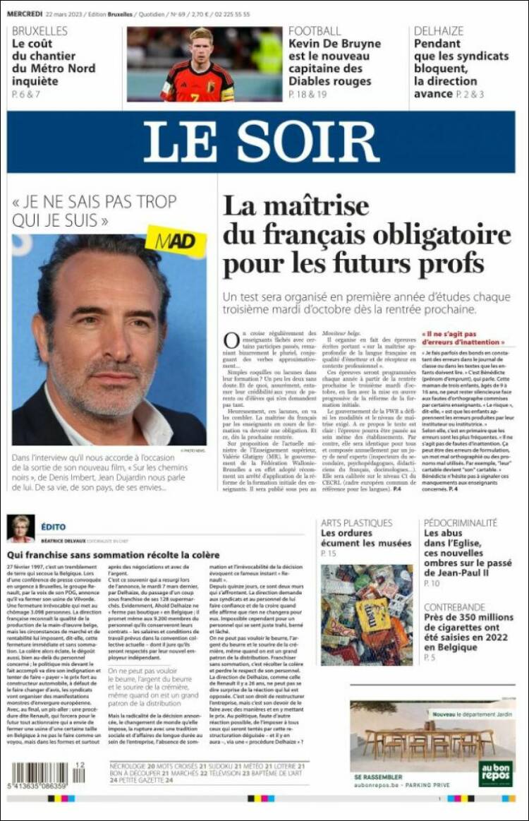 Portada de Le Soir (B&eacute;lgica)