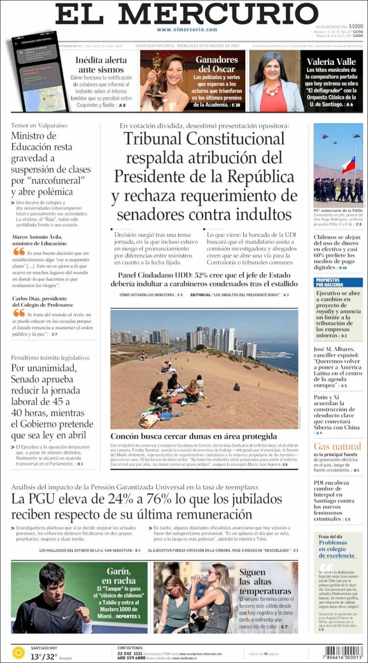 Portada de El Mercurio (Chile)
