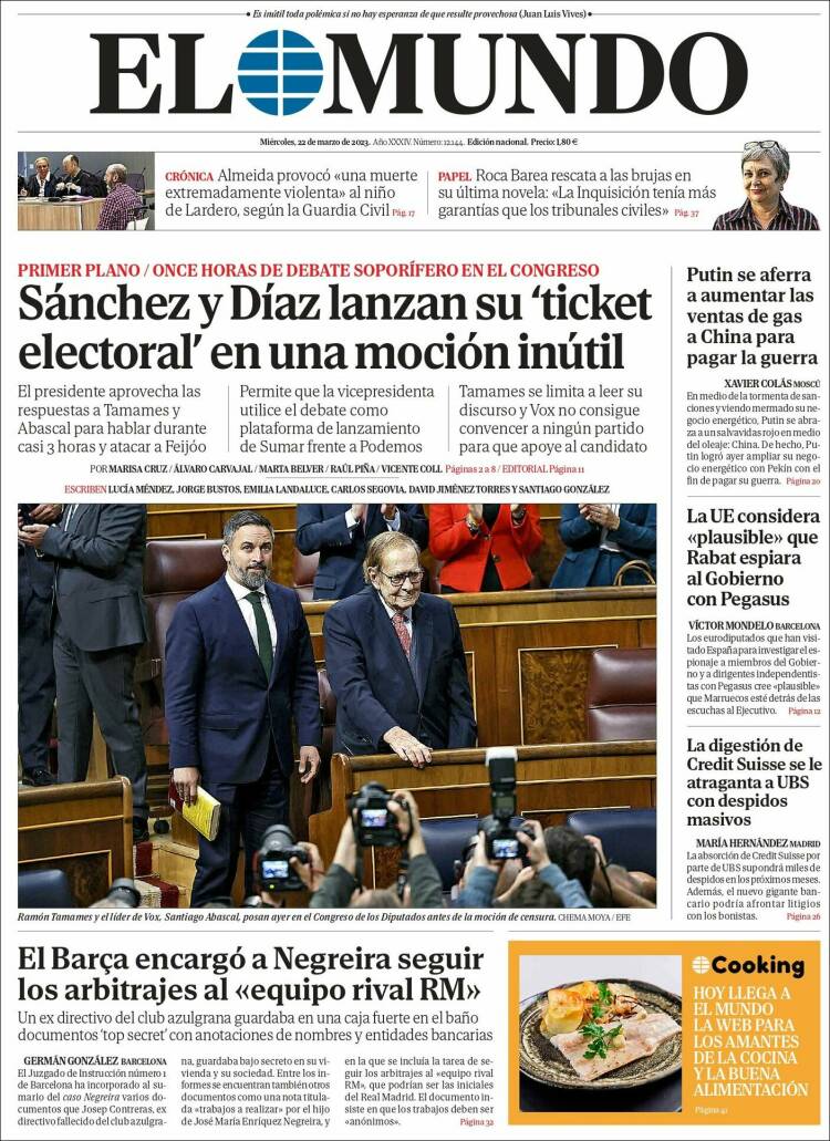 Periódico El Mundo España Periódicos De España Edición De Miércoles