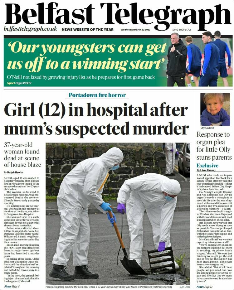 Portada de Belfast Telegraph (Reino Unido)