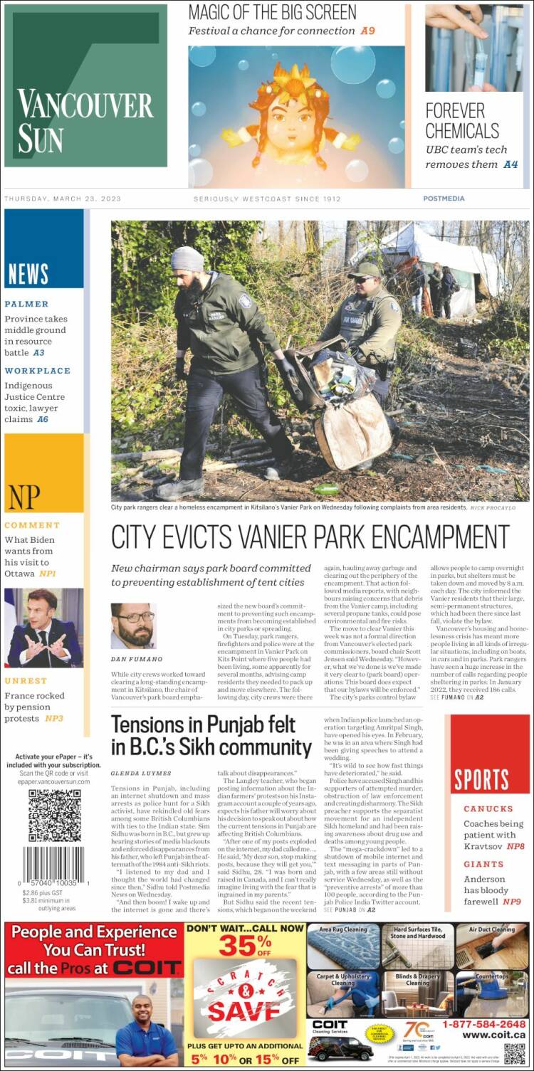 Portada de The Vancouver Sun (Canadá)