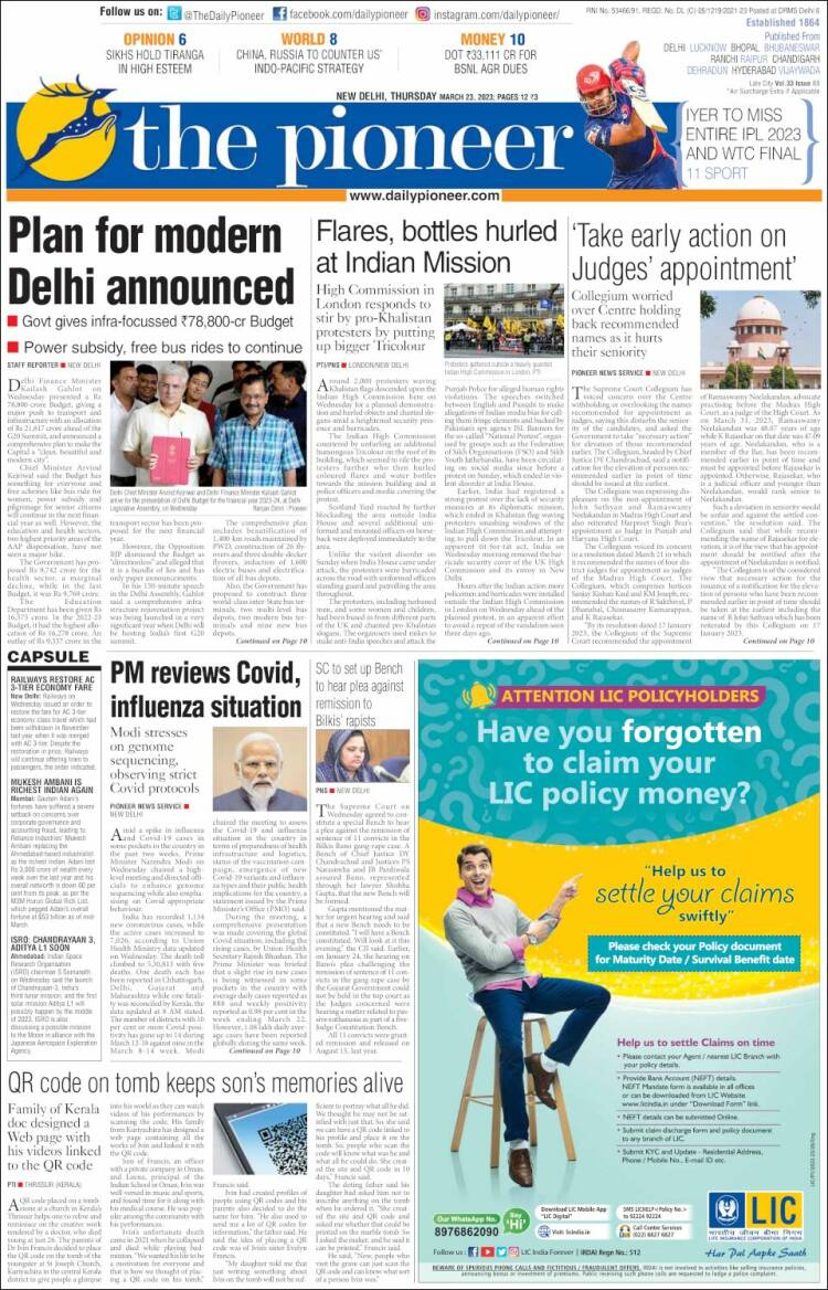 Portada de The Pioneer (India)