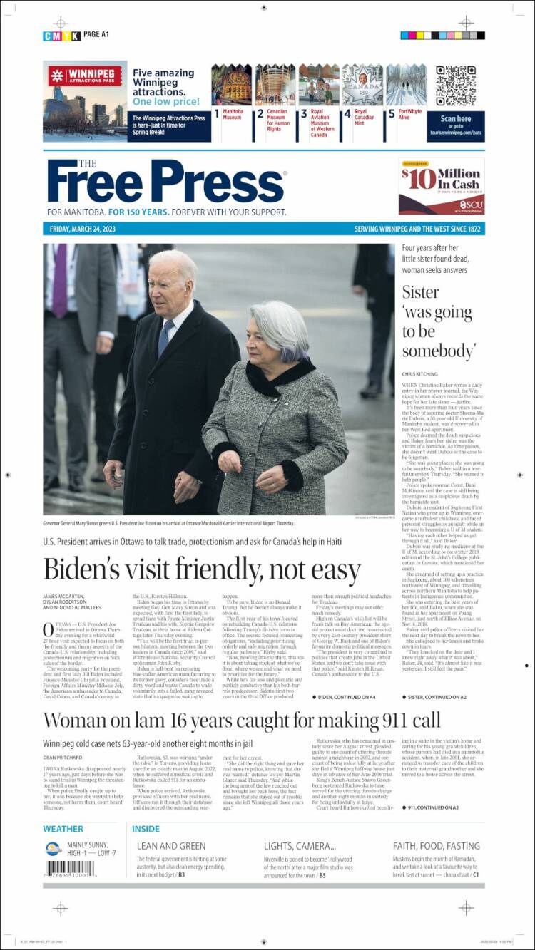 Portada de Winnipeg Free Press (Canada)