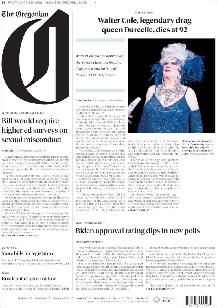 Portada de The Oregonian (États-Unis)