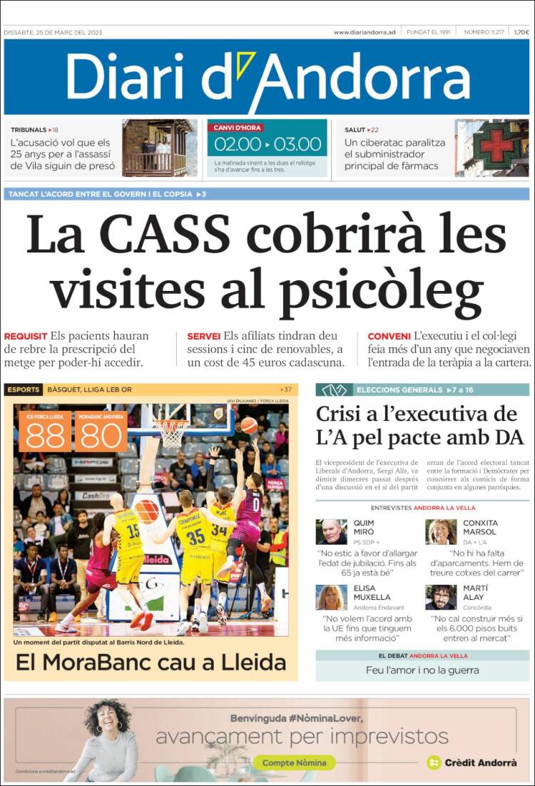 Portada de Diari d’Andorra (Andorra)