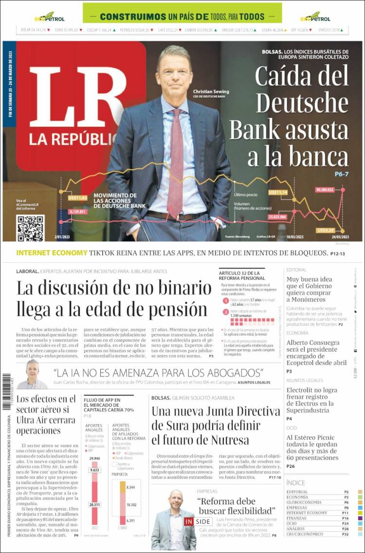 Portada de La Republica (Colombia)