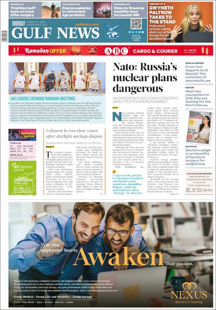 Portada de Gulf News (Asia-Pacífico)