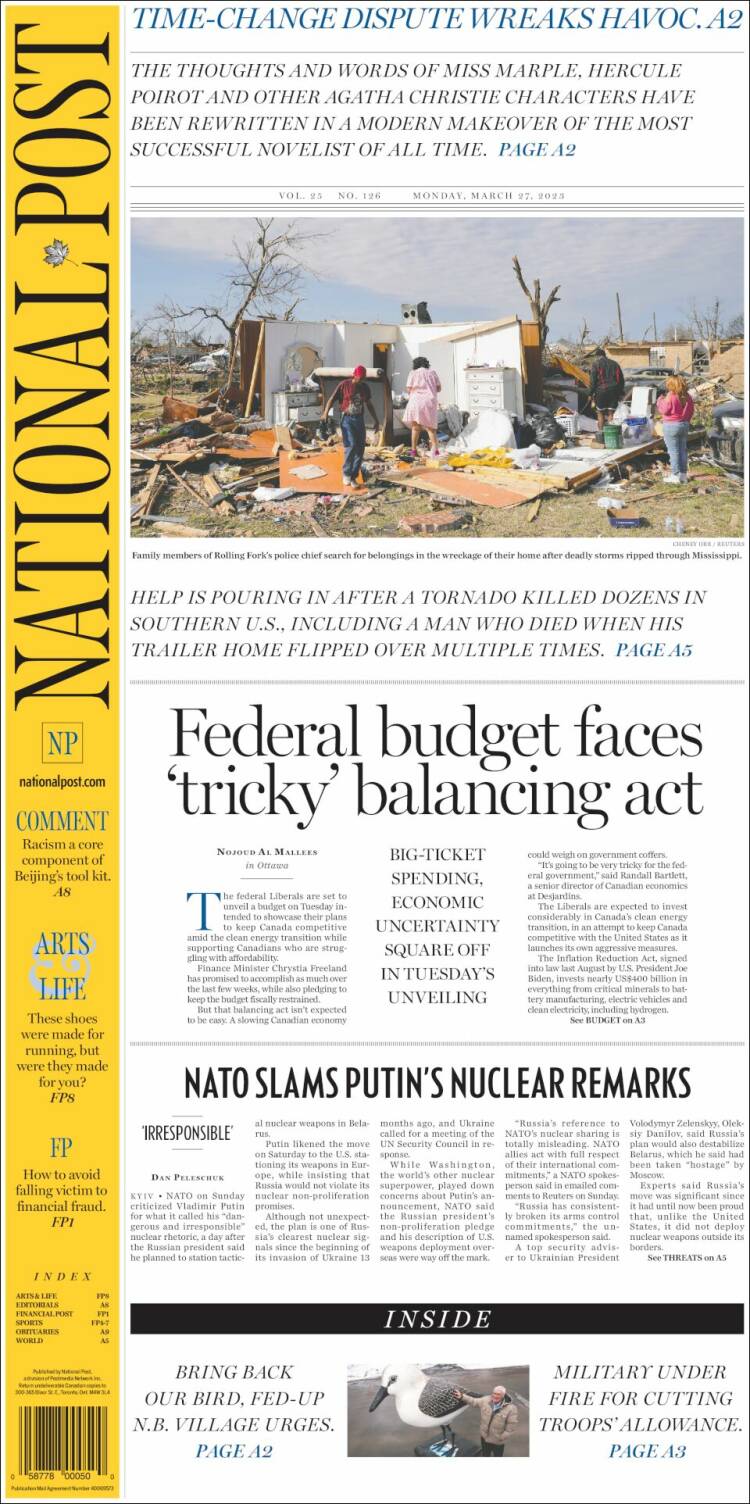 Portada de The National Post (Canadá)