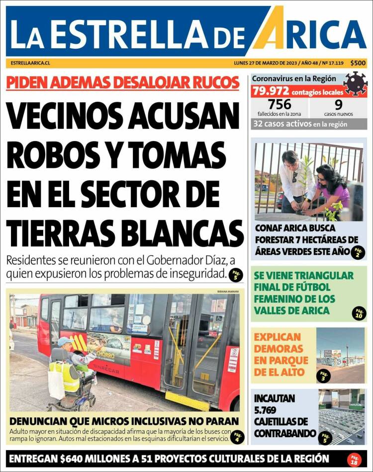 Portada de La Estrella de Arica (Chile)