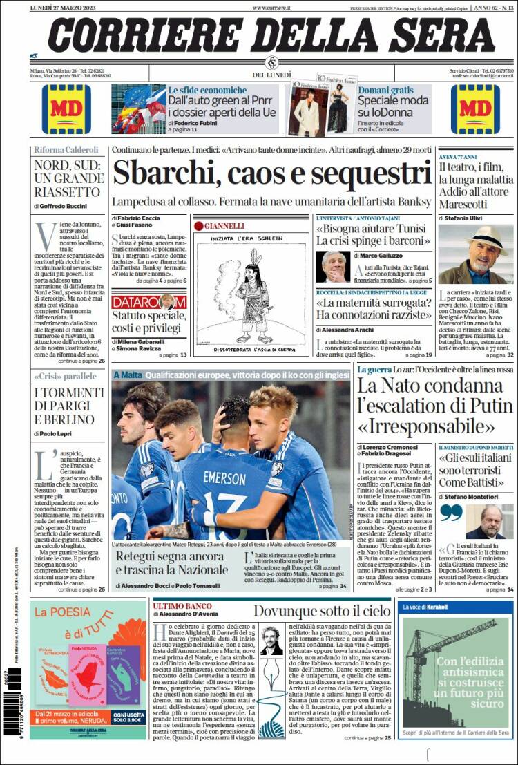 Portada de Corriere della Sera (Italia)