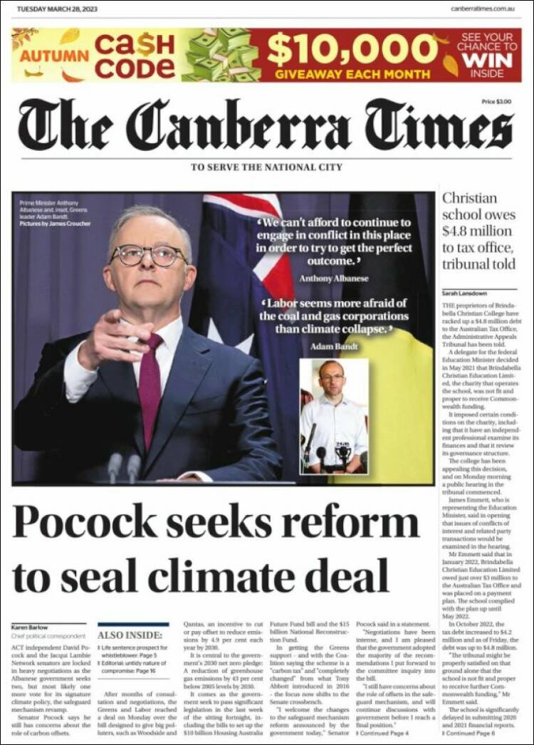 Portada de The Canberra Times (Australie)