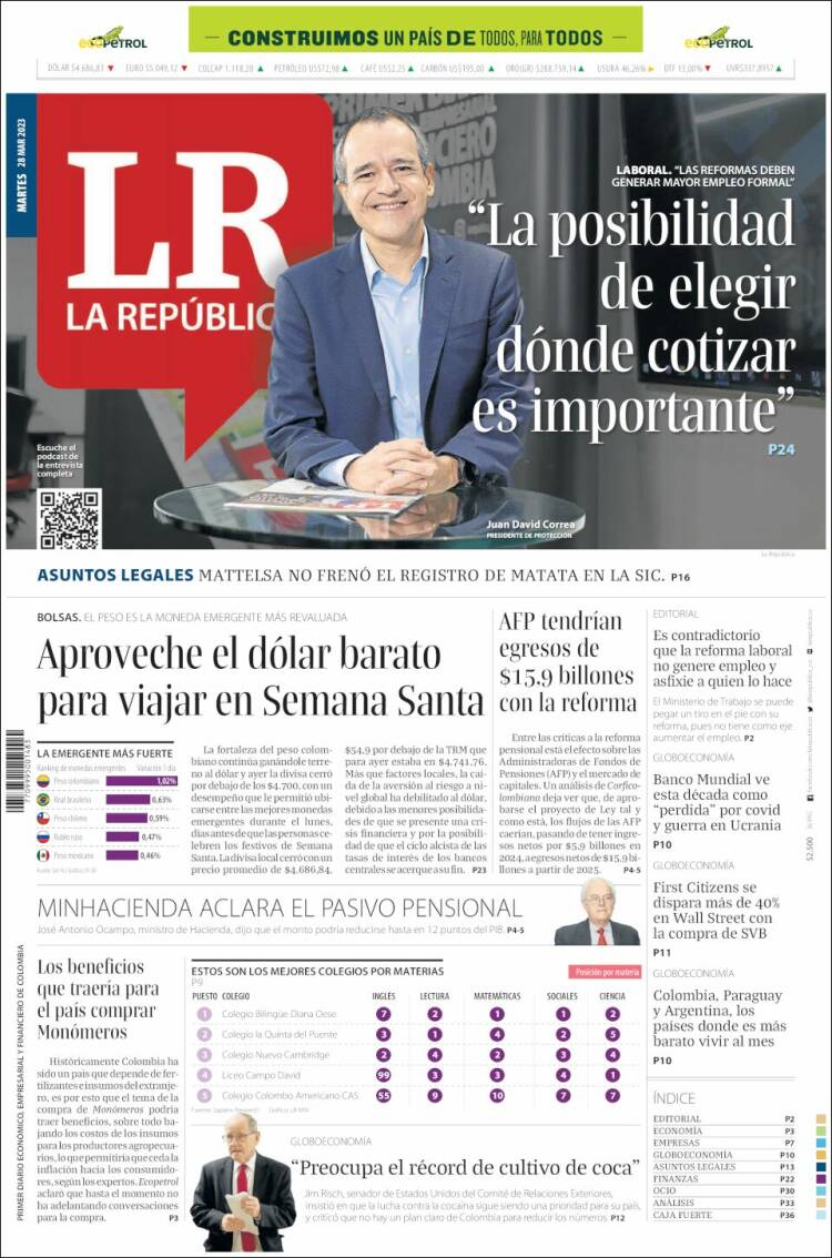 Portada de La Republica (Colombia)