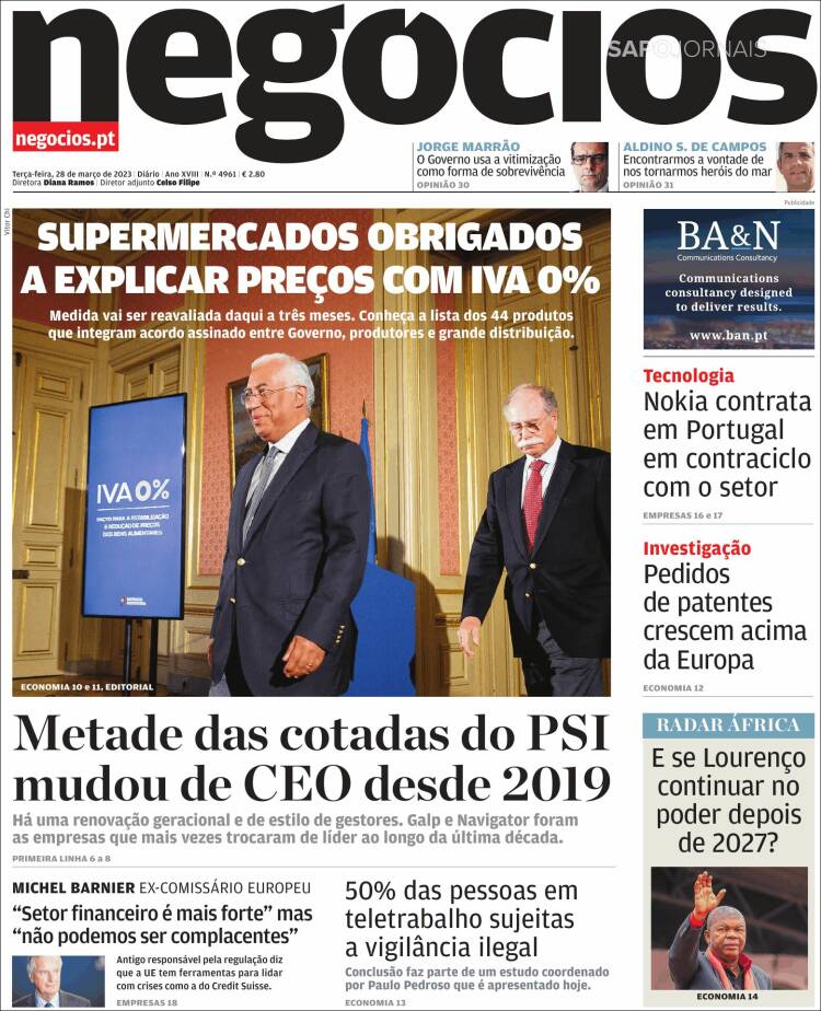 Portada de Jornal de Negócios (Portugal)
