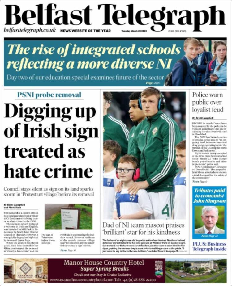 Portada de Belfast Telegraph (Reino Unido)