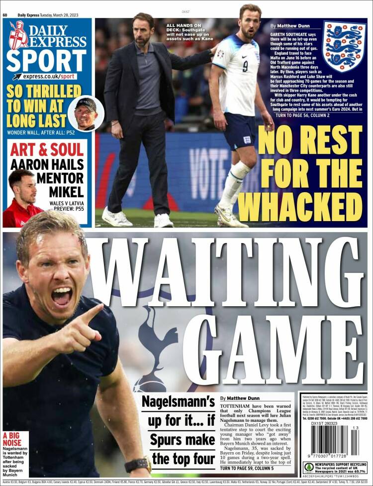 Newspaper Express Sport (United Kingdom). Newspapers in United Kingdom.  Tuesday's edition, March 28 of 2023. 