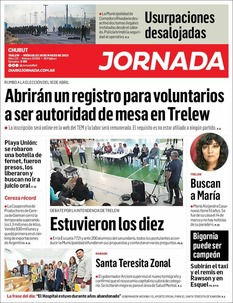 Portada de Diario Jornada en la Patagonia (Argentina)