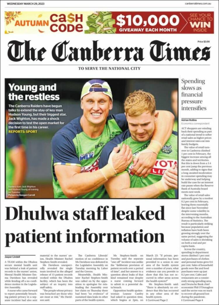 Portada de The Canberra Times (Australia)