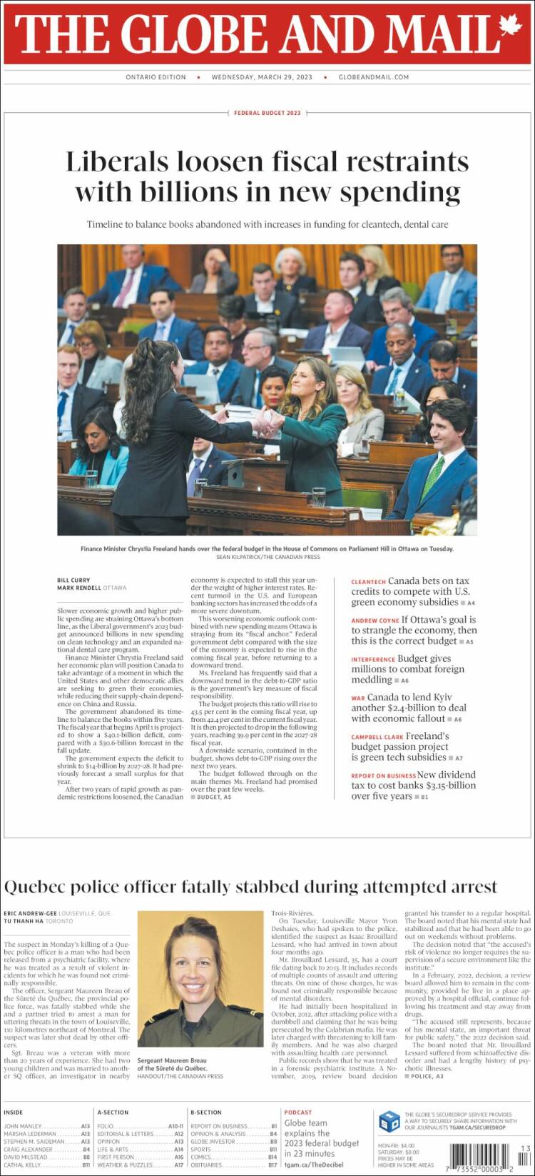 Portada de The Globe and Mail (Canadá)