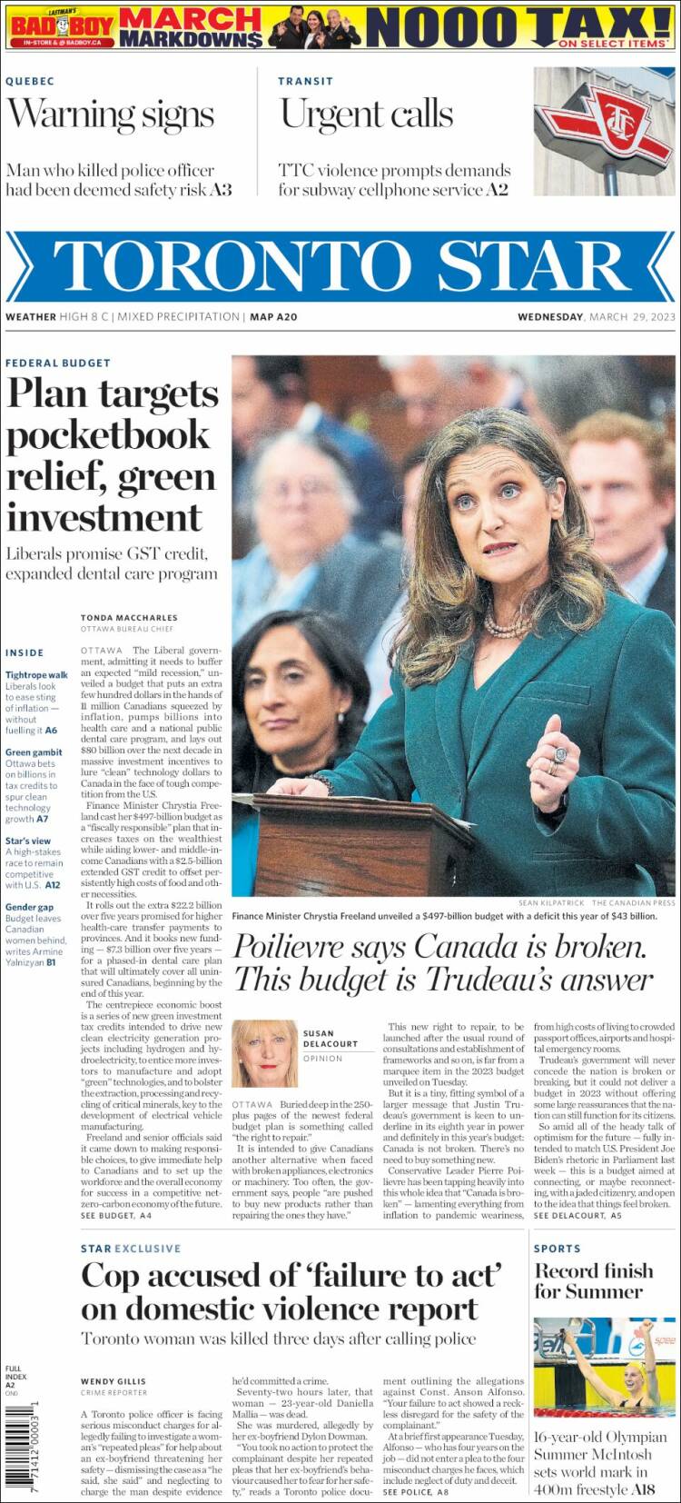 Portada de The Toronto Star (Canadá)