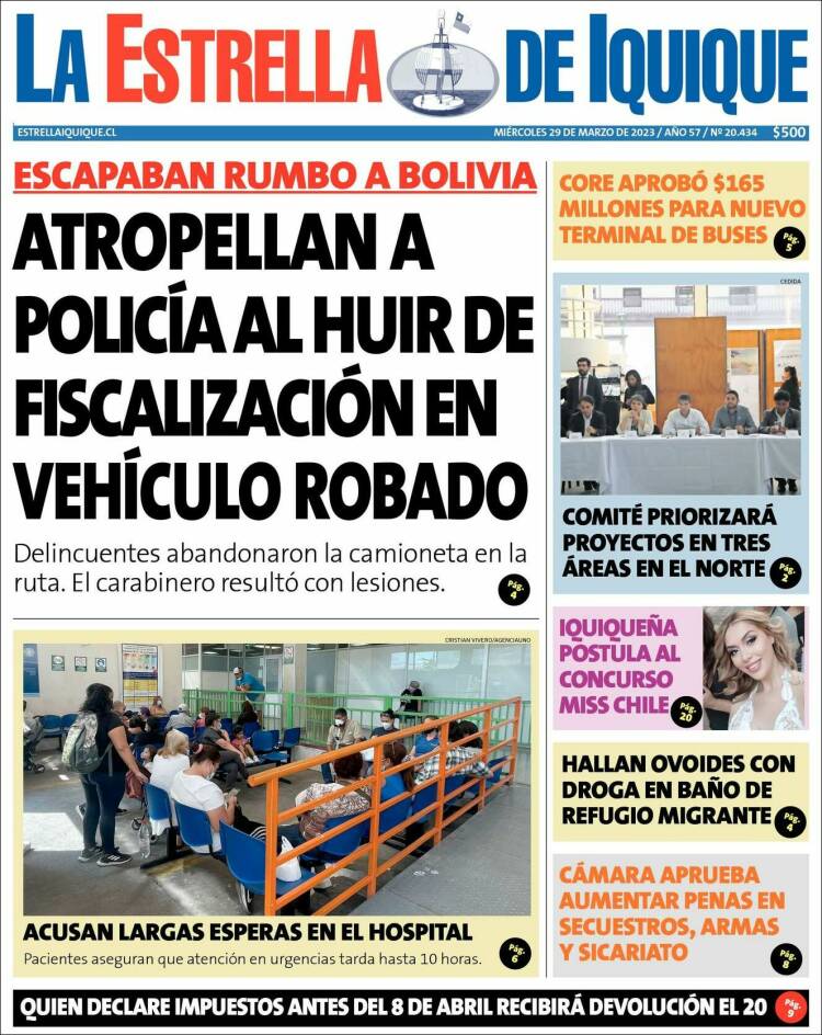 Portada de La Estrella de Iquique (Chile)