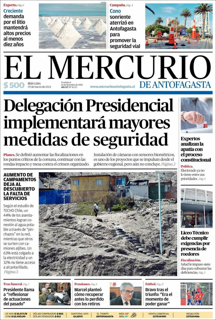 Portada de El Mercurio de Antofagasta (Chile)