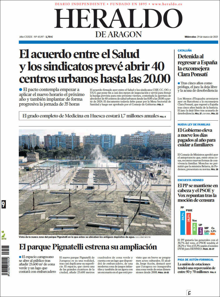 Portada de Heraldo de Aragón (España)