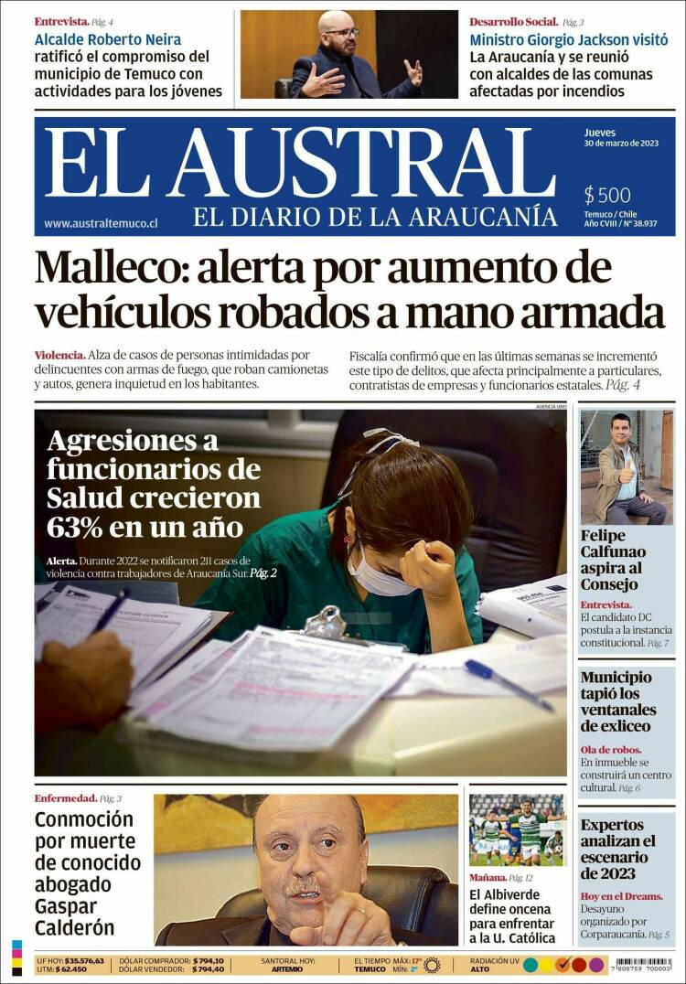 Portada de El Austral de Temuco (Chile)