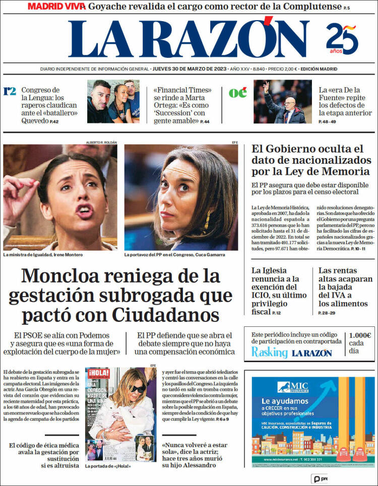 Portada de La Razón (España)