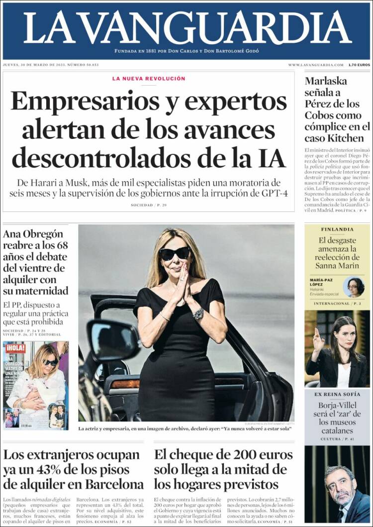 Periódico Vanguardia (España). Periódicos de España. Edición de jueves, 30 de marzo de 2023. Kiosko.net