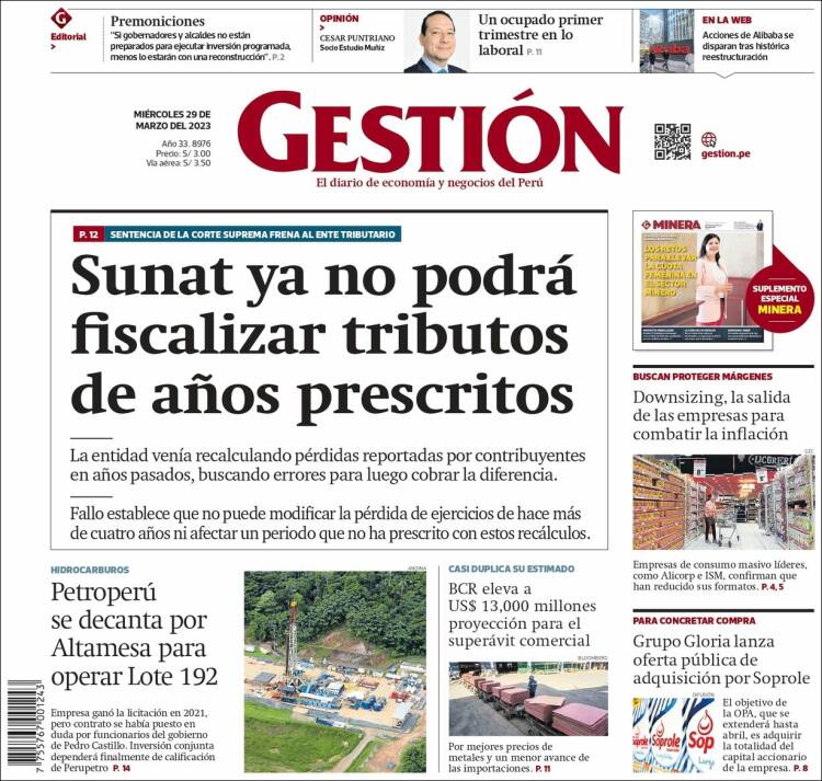 Portada de Diario Gestión (Perú)