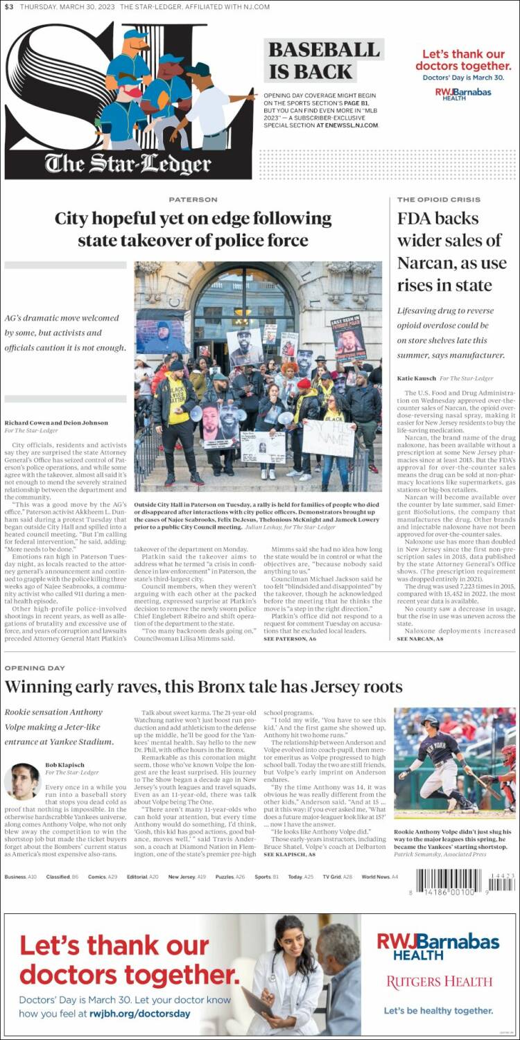 Portada de Star-Ledger (USA)