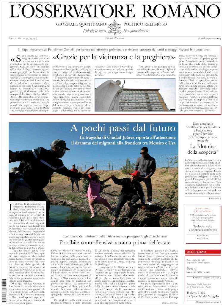 Portada de L'Osservatore Romano (Italia)