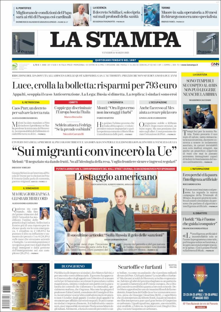 Portada de La Stampa (Italia)