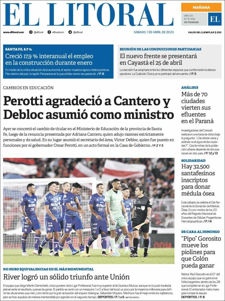 Portada de Diario El Litoral (Argentina)