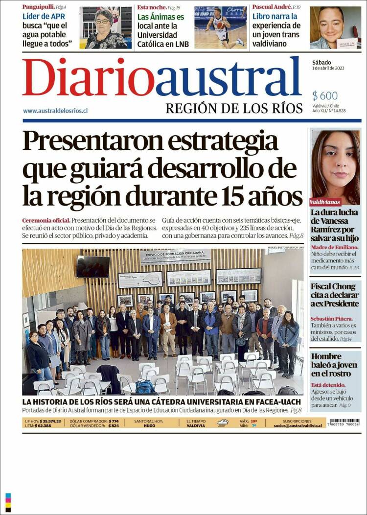 Portada de El Diario Austral de Valdivia (Chile)