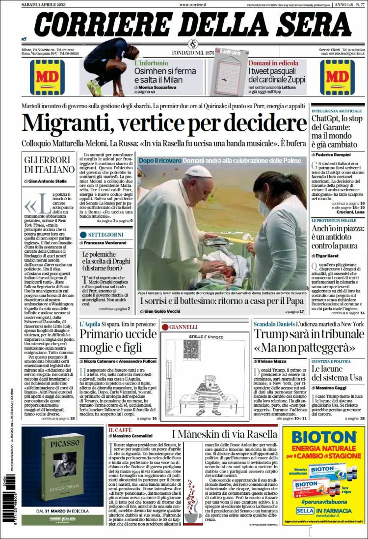 Portada de Corriere della Sera (Italia)