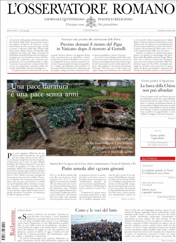 Portada de L'Osservatore Romano (Italia)