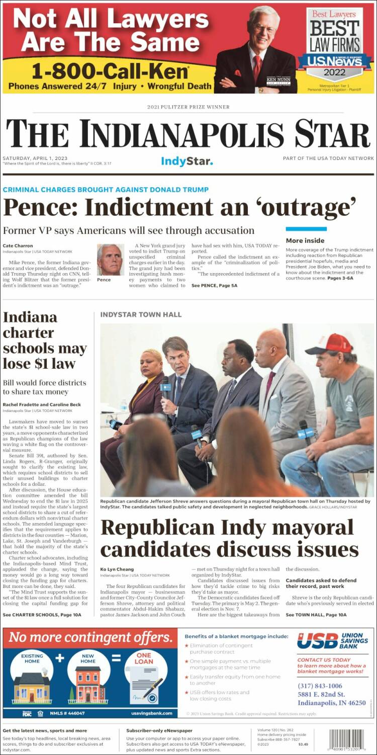 Portada de The Indianapolis Star (USA)