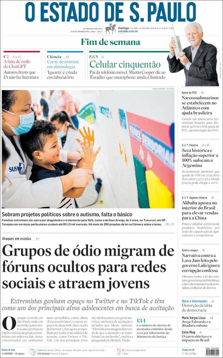 Portada de O Estado de São Paulo (Br&eacute;sil)