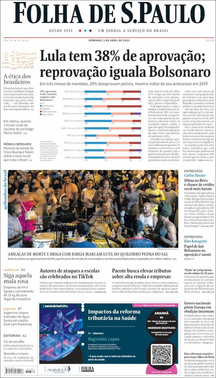 Portada de Folha de São Paulo (Brasil)