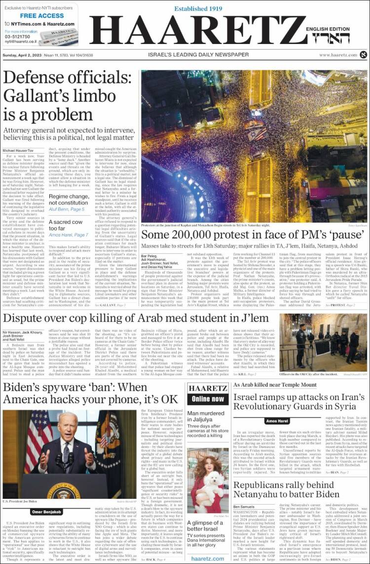 Portada de Haaretz (Israel)