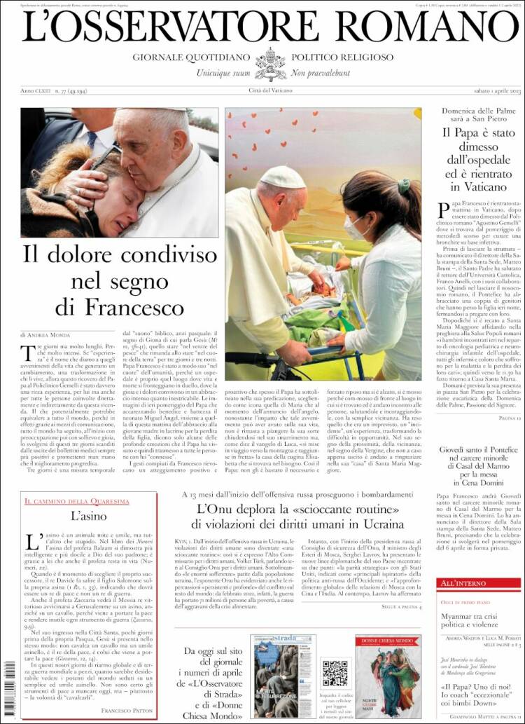 Portada de L'Osservatore Romano (Italia)