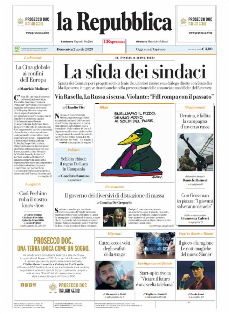 Portada de La Repubblica (Italia)