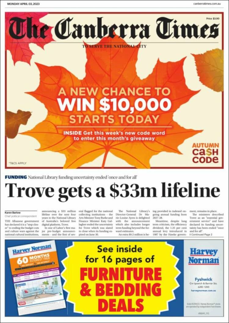 Portada de The Canberra Times (Australia)