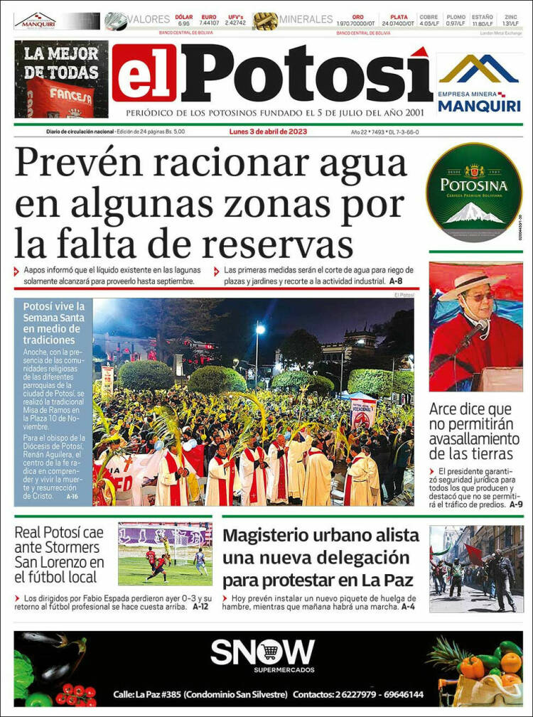 Portada de Diario de Potosí (Bolivia)